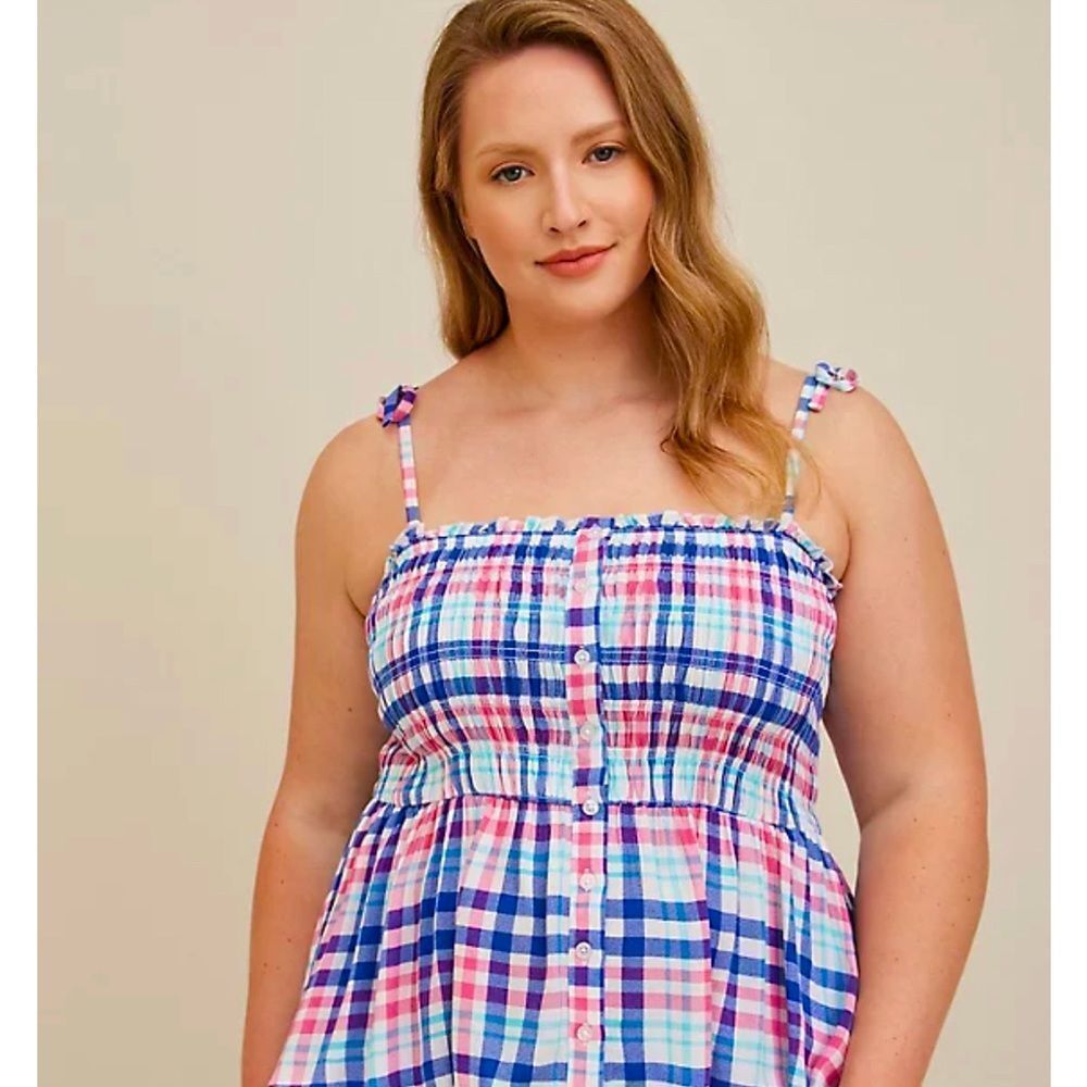 torrid Pink Blue Plaid Smocked Button-Front Tank Top